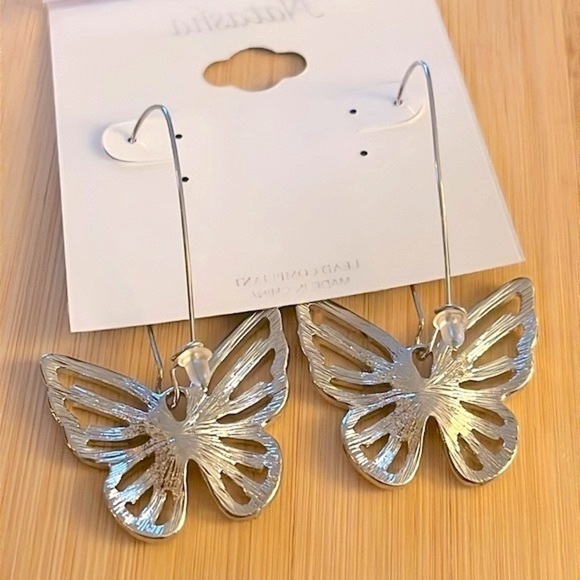 Brand New Natasha Rhinestone Butterfly Silver Tone Drop Earrings Sparkly - Picture 11 of 13